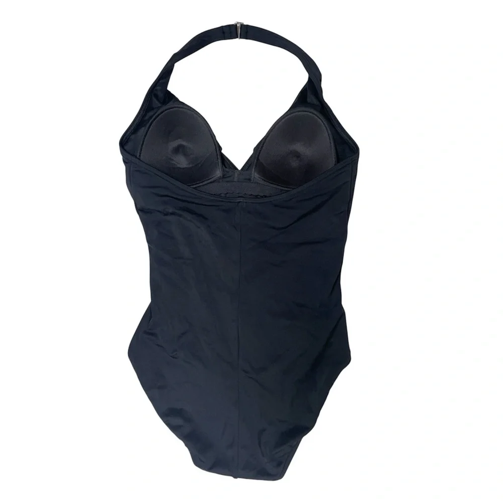 Lands End Black Faux Wrap Halter One Piece Swimsuit